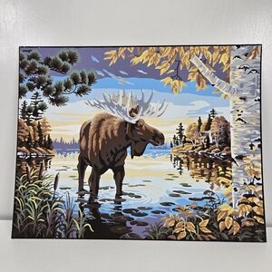 VTG Majestic Moose Finished Acrylic Painting Paint By Number Winter Majic Folk